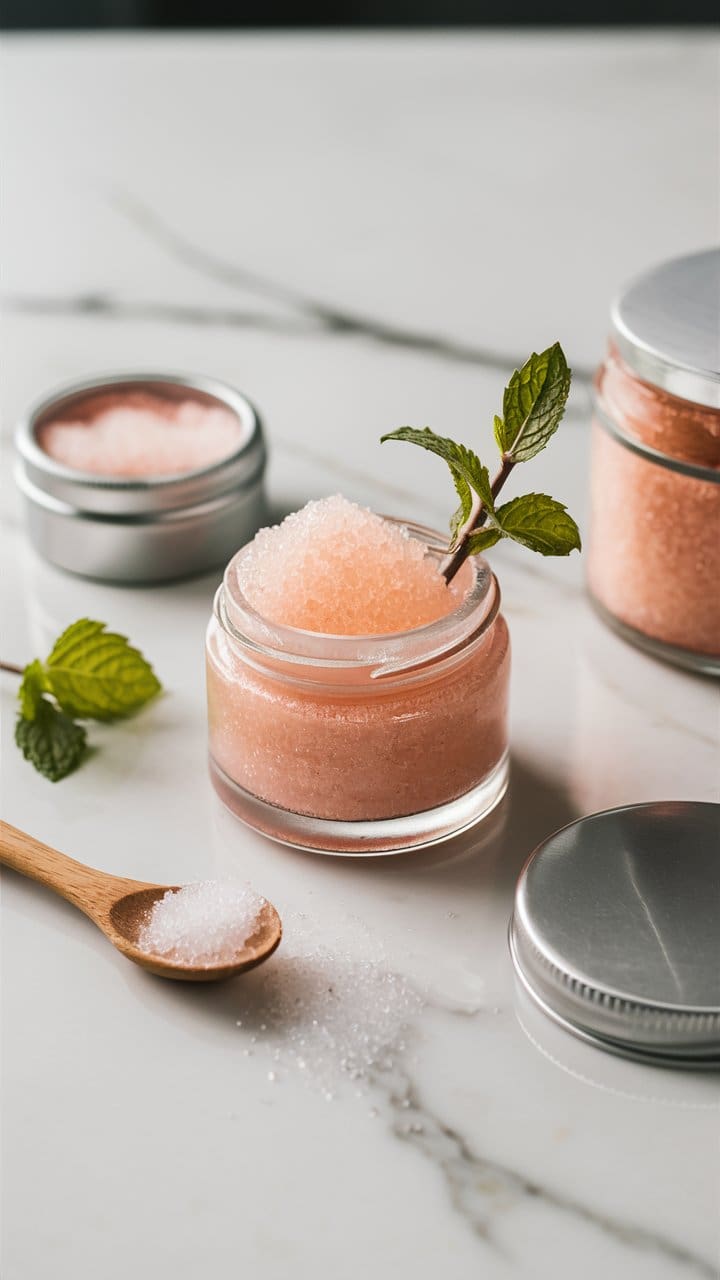 Looking for some ideas of things you can make to sell at local craft / artist markets or online?  DIY lip scrub is all the rage and people love scooping up a few jars when shopping for the holidays.

Imagine this:  A tiny jar of lip scrub with flecks of sugar, a wooden spoon for scooping, and a sprig of fresh mint on a marble countertop.