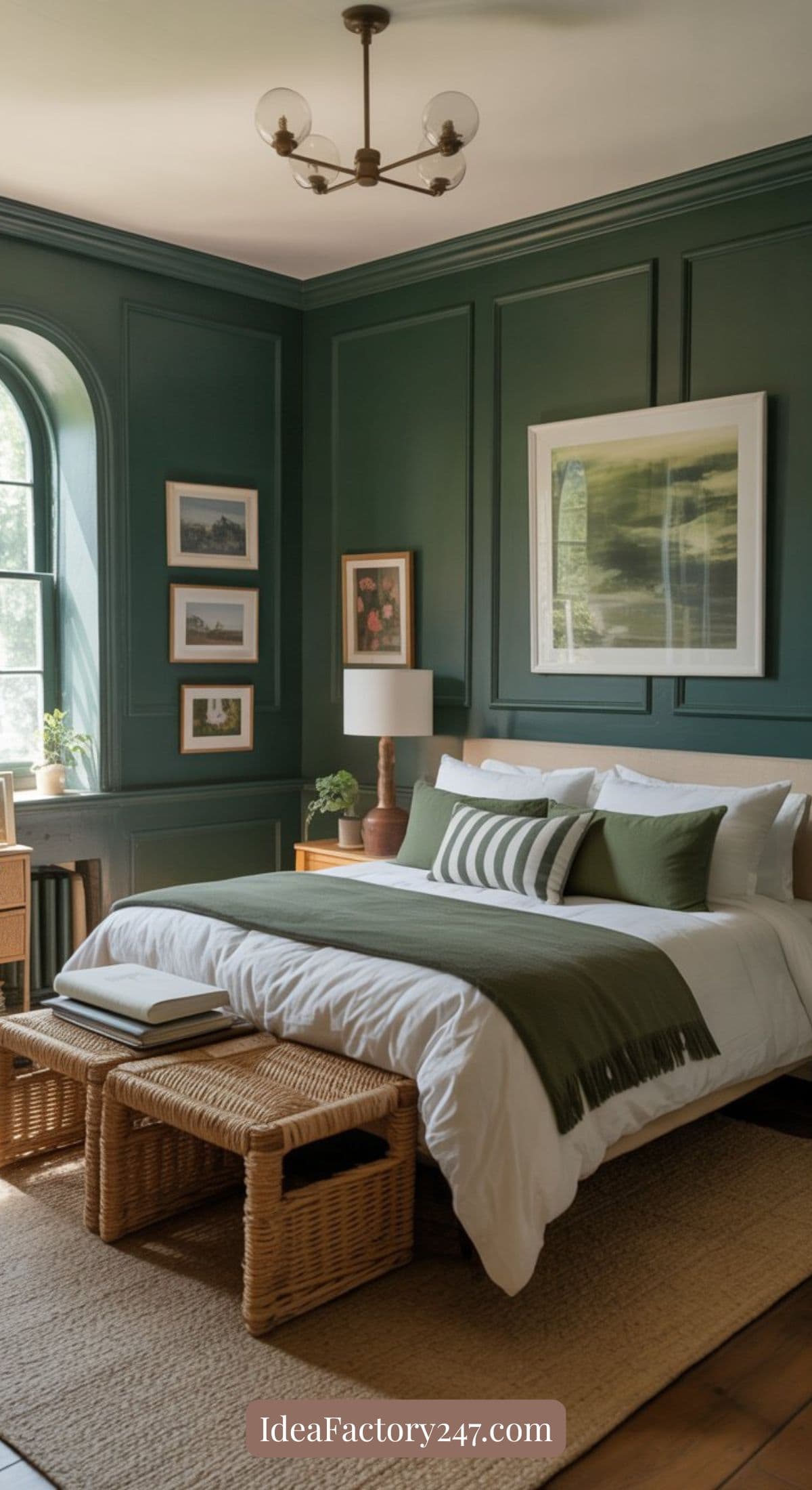 A cozy retreat showcasing green bedroom ideas, with dark green walls, a white bed topped with green and white pillows, wicker benches, framed art, a large window, and soft natural light.