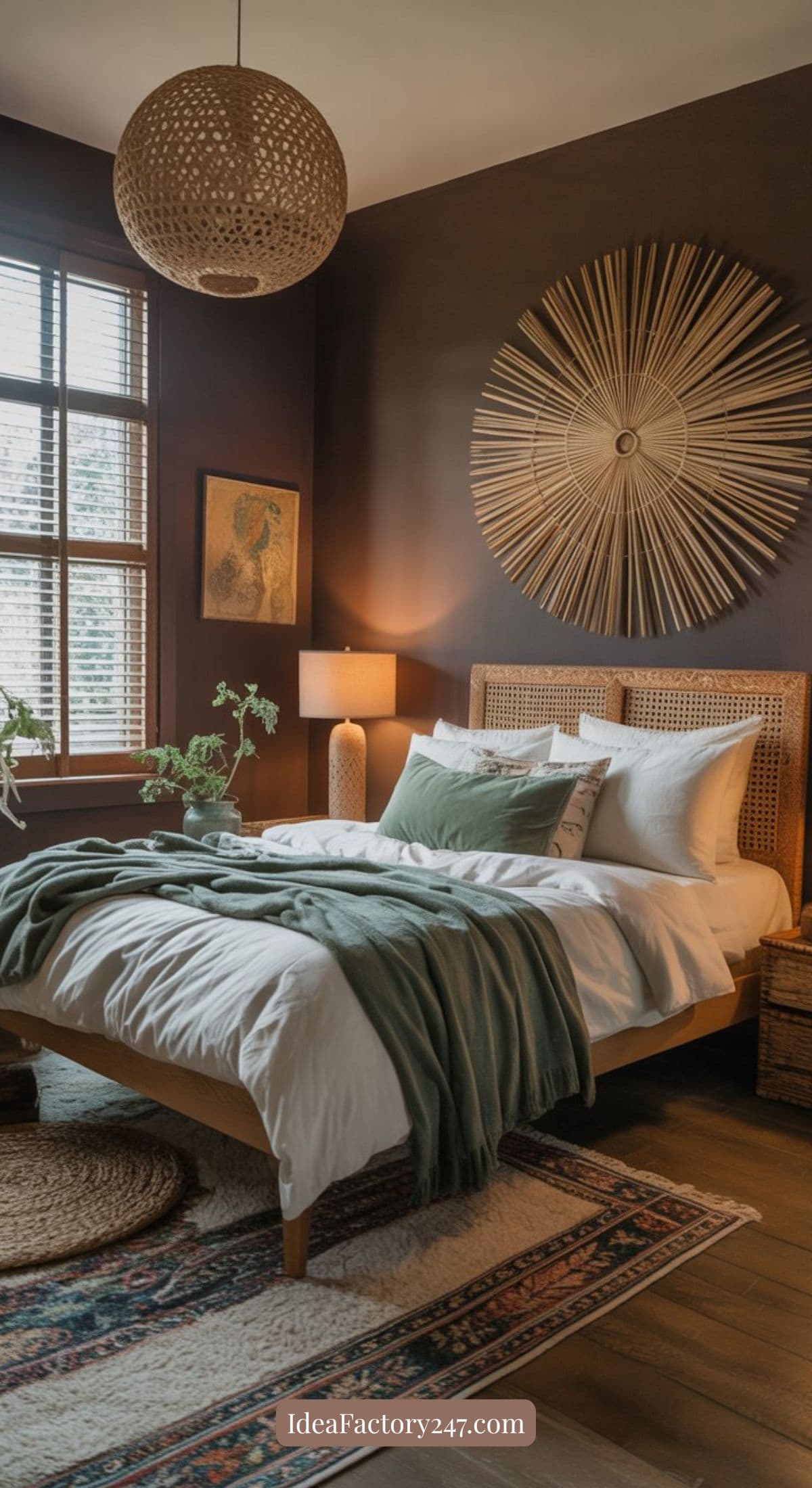 A cozy bedroom with dark walls, a wooden bed featuring white and green bedding—perfect for green bedroom ideas—a rattan pendant lamp, sunburst wall decor, a nightstand with lamp, a rug, and a window letting in natural light.