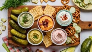 A wooden board with four pickle dips in bowls, surrounded by pickles, crackers, sliced cucumbers, pretzels, and celery sticks. The dips are garnished with herbs and bacon bits.