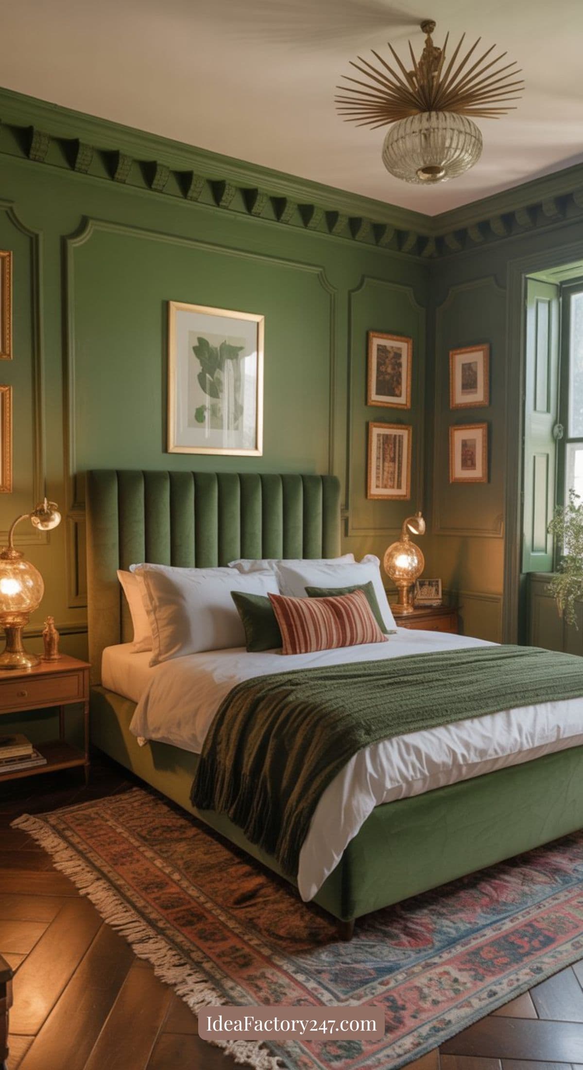 A stylish green bedroom showcases paneled walls, a green upholstered bed, white bedding, earth-toned pillows, vintage lamps, framed art, a cozy rug, and abundant natural light—perfect inspiration for green bedroom ideas.