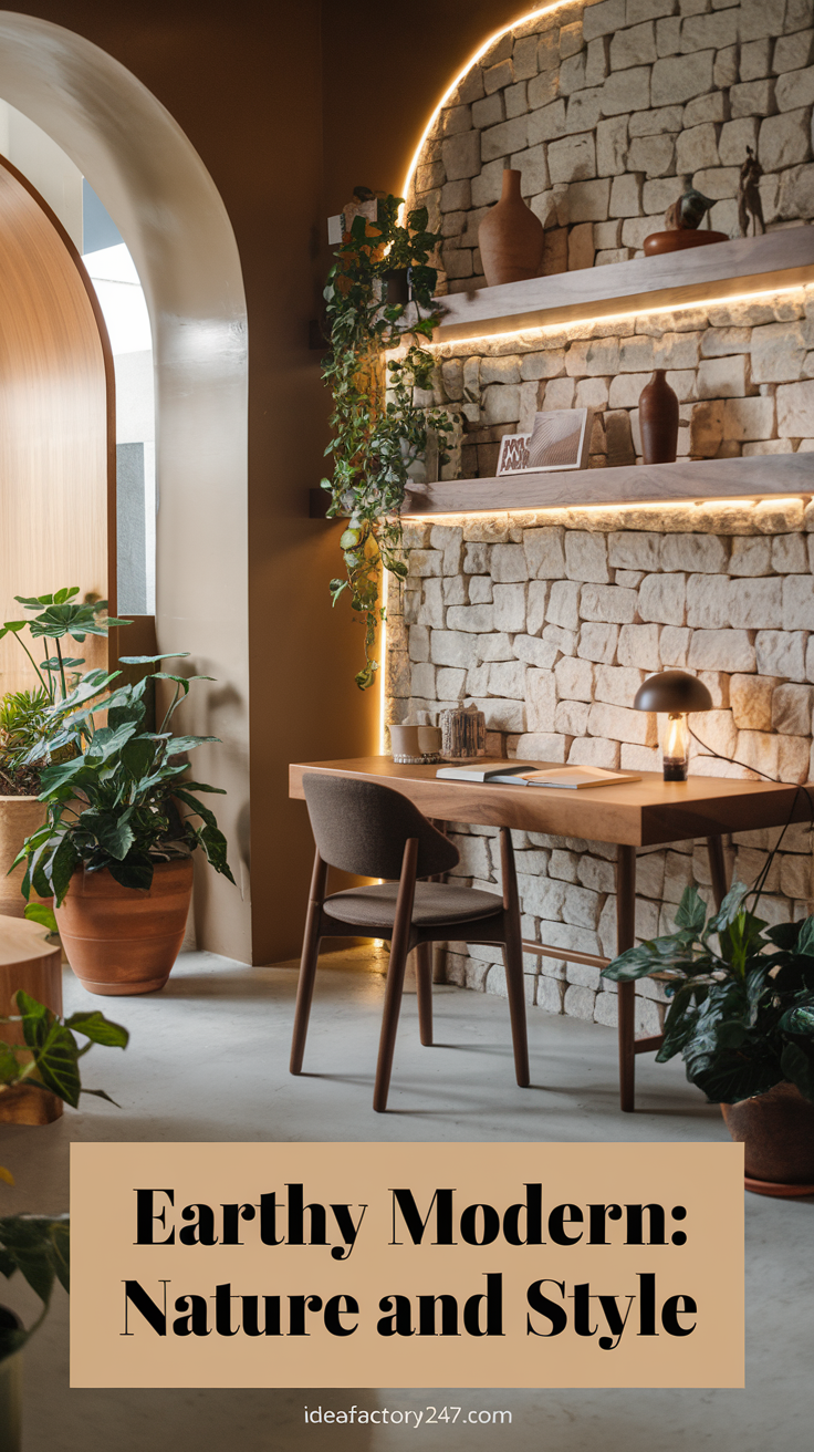 A neutral office with earthy tones and sleek, modern furniture strikes the perfect balance between warmth and contemporary style. Rich wood tones and stone accents ground the space while maintaining a polished aesthetic.