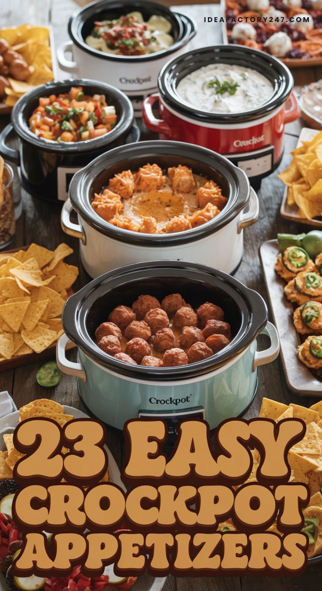 Appetizer table set up with crockpots and slow cookers filled with easy to make dips and other party snacks.