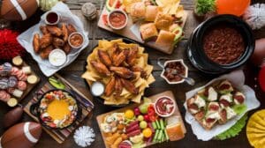 A table filled with assorted football party foods—including chicken wings, sliders, chili, chips with dip, vegetable skewers, and desserts—surrounded by festive football-themed decorations.
