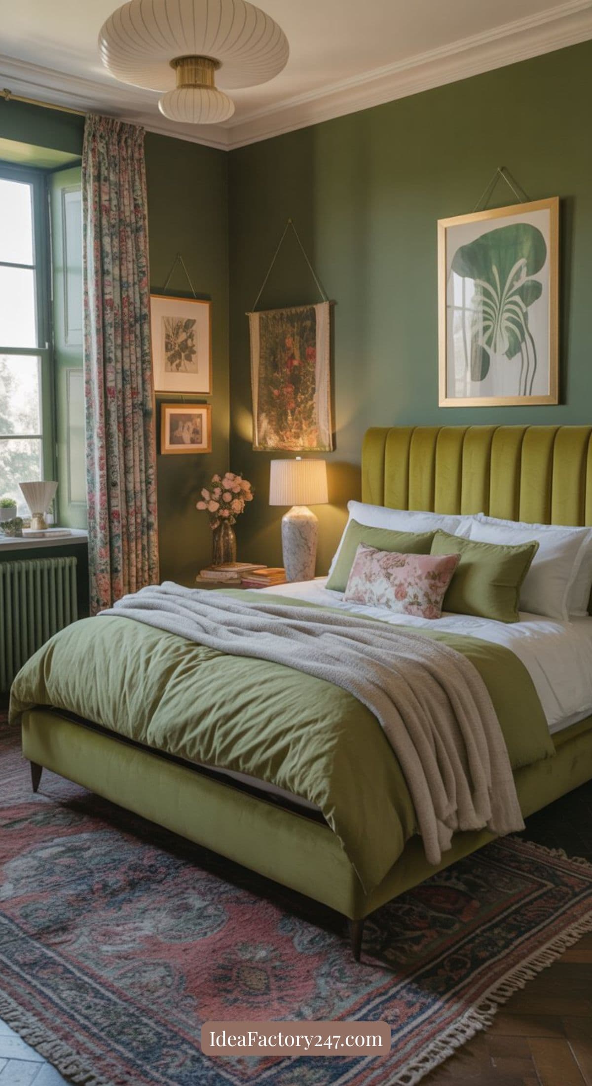 A cozy green bedroom, inspired by green bedroom ideas, features olive walls, a plush bed, floral bedding, vintage rug, botanical art, a side table with lamp and flowers, floral curtains, and sunlight streaming through a large window.