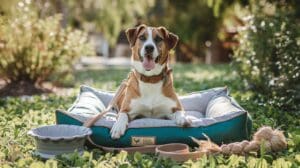 A happy brown and white dog with a collar and leash sits on a dog bed outdoors, surrounded by green grass, with a water bowl and eco-friendly dog products like a chew toy nearby.