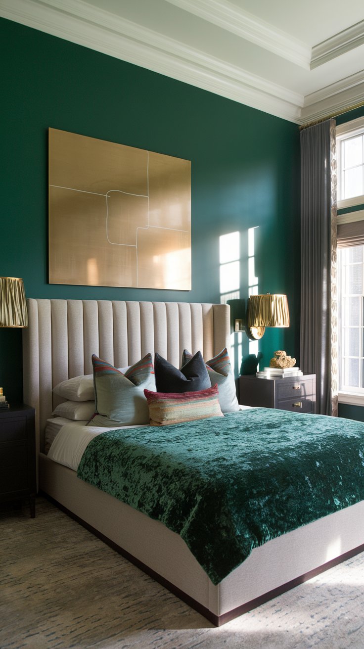 A dramatic emerald green feature wall serves as the focal point of the bedroom. A velvet bedspread in matching green adds luxury, while gold accents in the lamps and side tables bring a glamorous touch.