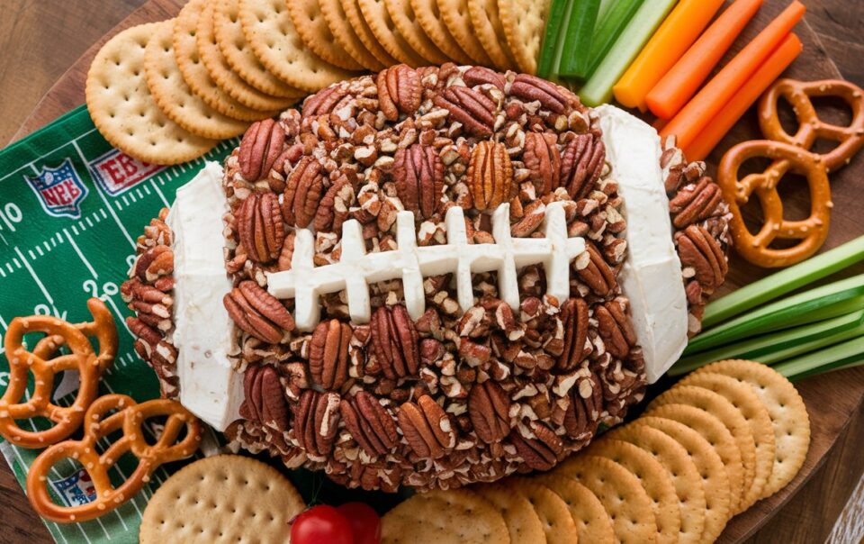 Cheeseball shaped like a football surrounded by crackers and veggies