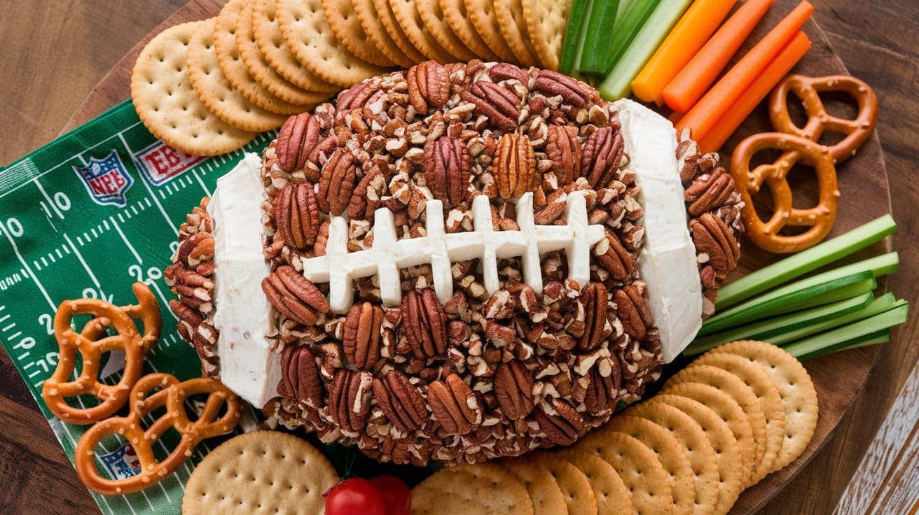 Cheeseball shaped like a football surrounded by crackers and veggies