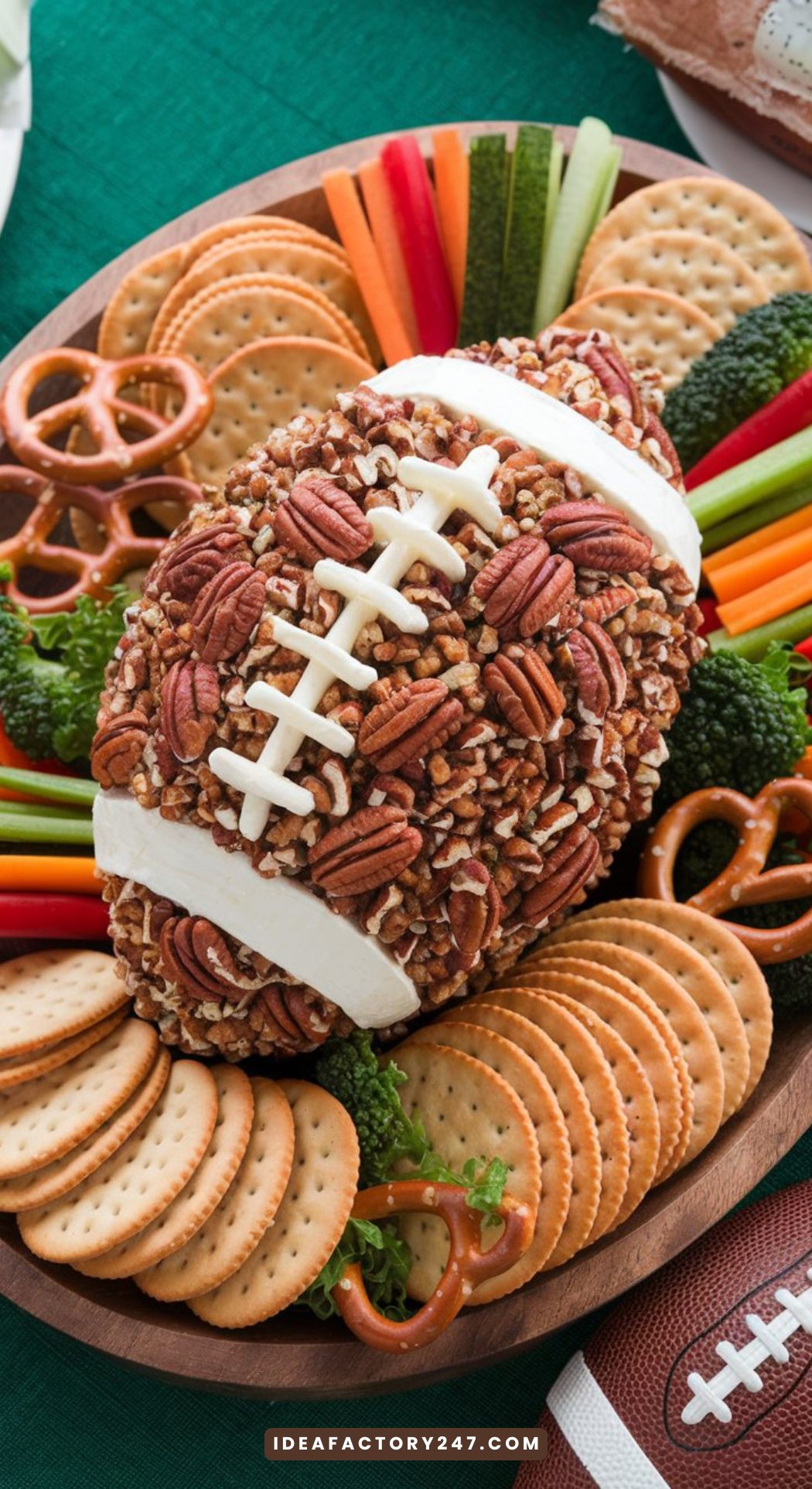 A perfectly shaped football cheese ball coated in finely chopped pecans, with cream cheese laces creating a realistic design. It’s surrounded by an assortment of crackers, fresh veggies, and pretzels, arranged on a wooden platter with a football-themed napkin.