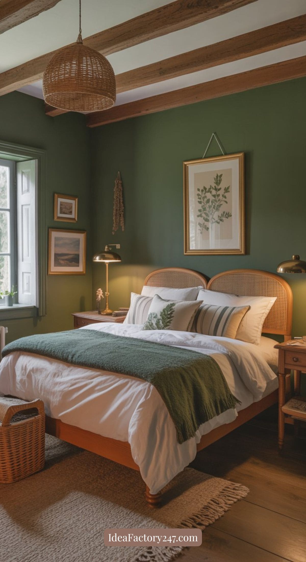 A cozy green bedroom showcasing inspiring green bedroom ideas: wooden ceiling beams, a bed with white linens and a green throw, rattan headboard, wooden nightstands, framed botanical art, and abundant natural light from the window.