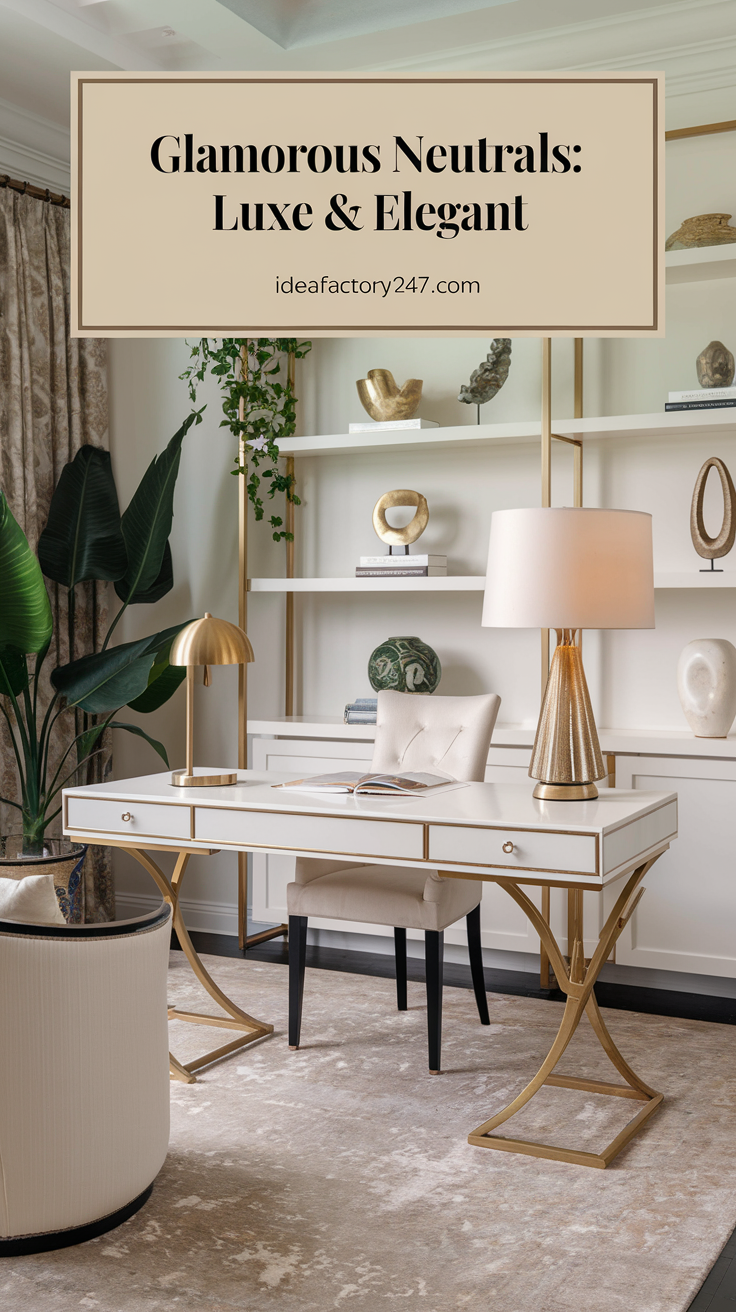 Glamorous touches elevate a neutral palette in this sophisticated home office. Think luxe materials, elegant lighting, and rich textures that make the space feel both productive and indulgent.