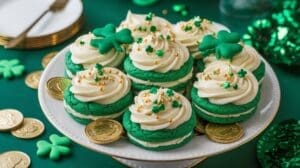A plate of Green Velvet Cookies with green frosting, white icing, gold sprinkles, and shamrock decorations. Gold chocolate coins and shamrock shapes are scattered around, creating a festive St. Patrick’s Day theme.