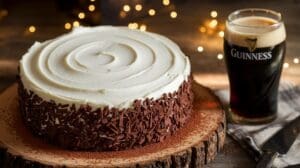 A Guinness Chocolate Cake combines rich chocolate layers with white frosting and chocolate shavings, presented on a wooden board beside a glass of Guinness beer, with warm string lights blurred in the background.