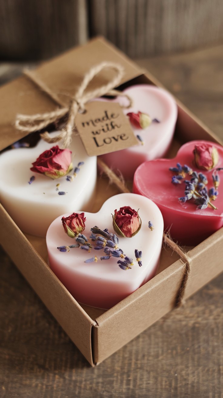 A set of heart-shaped soy candles in soft pink, white, and red hues, decorated with dried rose petals and lavender. The candles are placed in a rustic kraft box tied with twine and a small “Made with Love” tag.

Why They Sell: Candles are universally loved and make thoughtful gifts for partners, friends, or even self-care. The heart shape and romantic scents make them perfect for Valentine’s Day.