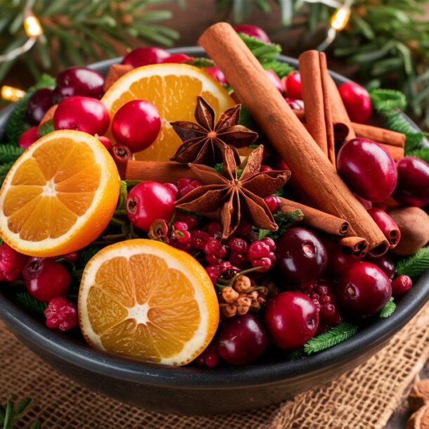 A bowl of vibrant dry potpourri featuring orange slices, red cranberries, cinnamon sticks, and star anise, sitting on a rustic wooden table surrounded by holiday decorations like evergreen sprigs and twinkling fairy lights.