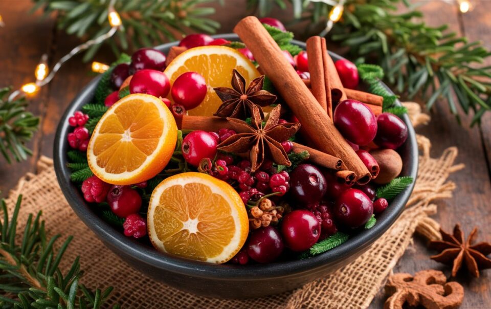 A bowl of vibrant dry potpourri featuring orange slices, red cranberries, cinnamon sticks, and star anise, sitting on a rustic wooden table surrounded by holiday decorations like evergreen sprigs and twinkling fairy lights.