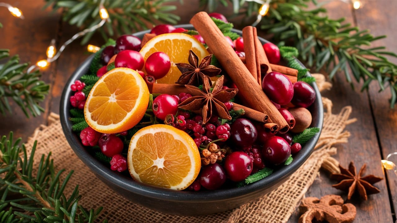 A bowl of vibrant dry potpourri featuring orange slices, red cranberries, cinnamon sticks, and star anise, sitting on a rustic wooden table surrounded by holiday decorations like evergreen sprigs and twinkling fairy lights.