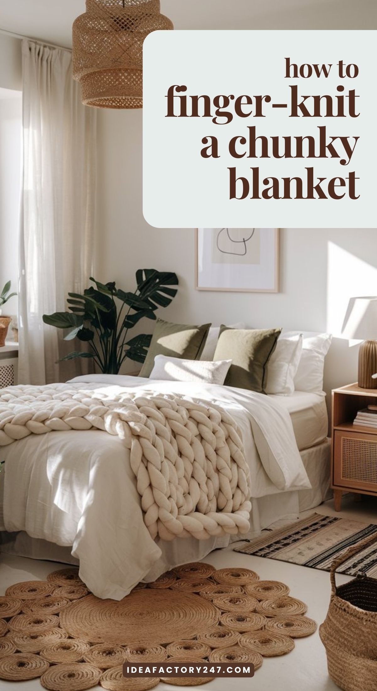 Boho bedroom with a gorgeous finger-knit cream blanket on the bed.