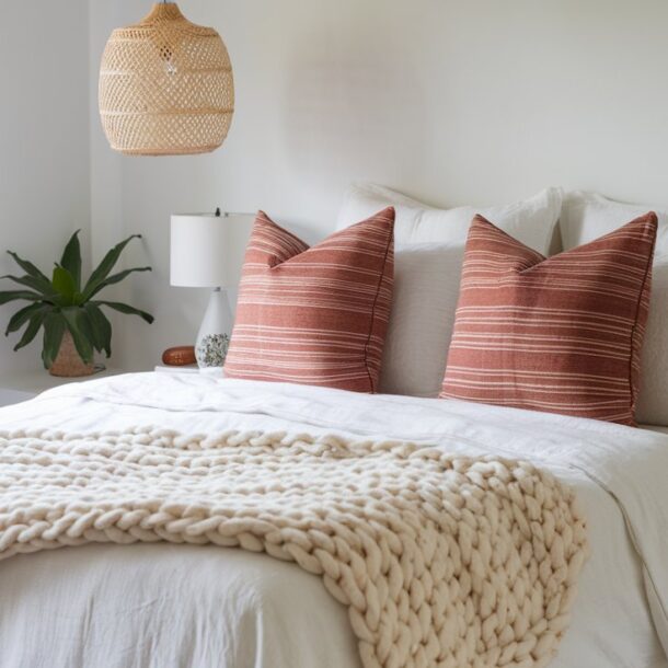 Bedroom with a finger-knit blanket on the cozy bed.