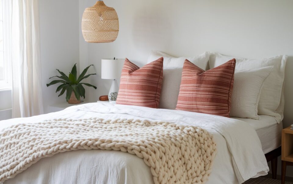 Bedroom with a finger-knit blanket on the cozy bed.