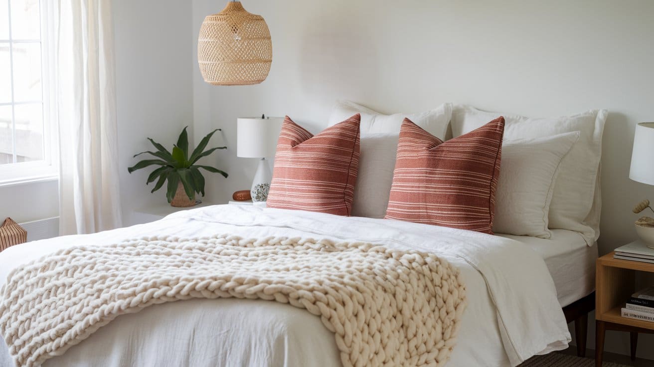 Bedroom with a finger-knit blanket on the cozy bed.