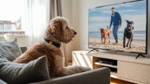 A fluffy dog sits on a couch watching TV, inspired by Simple Ways to Entertain your Dog, as he sees a man walking two dogs on a beach with sunlight streaming through the window in the background.