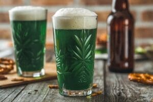 A close-up of two pint glasses filled with green beer, perfect for learning how to make green beer for your St Patrick's Day party. Topped with foam, they stand on a rustic wooden table beside pretzels and an empty brown bottle.