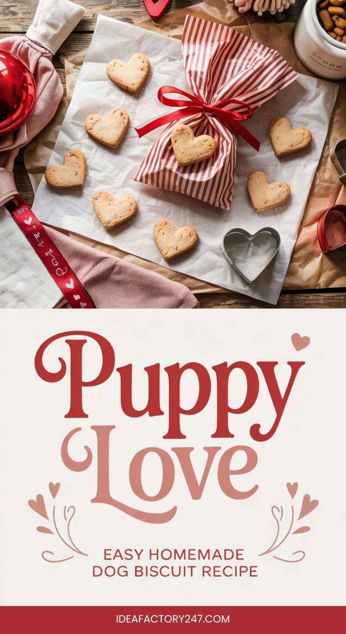 Heart-shaped dog biscuits are arranged on parchment paper beside a striped gift bag, baking tools, and a cookie cutter. Below, text reads: Puppy Love. Perfect for Valentine’s Day Crafts to Make and Sell—try this easy homemade dog biscuit recipe.