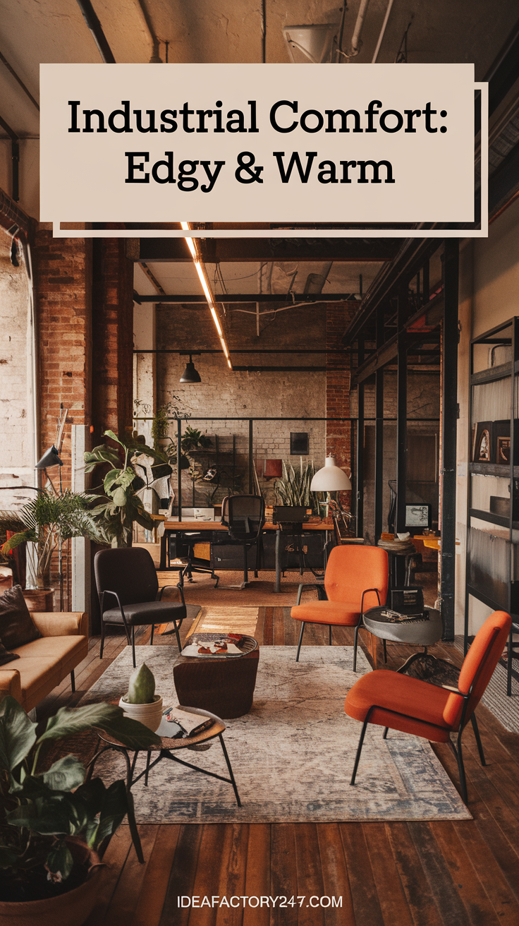 Industrial design meets cozy warmth in this neutral-toned workspace. Metal accents, natural wood, and soft textiles create a balanced space that feels both edgy and inviting.