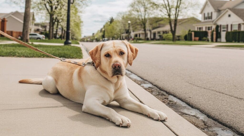 A yellow Labrador retriever lies on a sidewalk near the curb, looking at the camera while on a leash. The peaceful, suburban neighborhood hints at simple ways to entertain your dog with walks and outdoor adventures together.