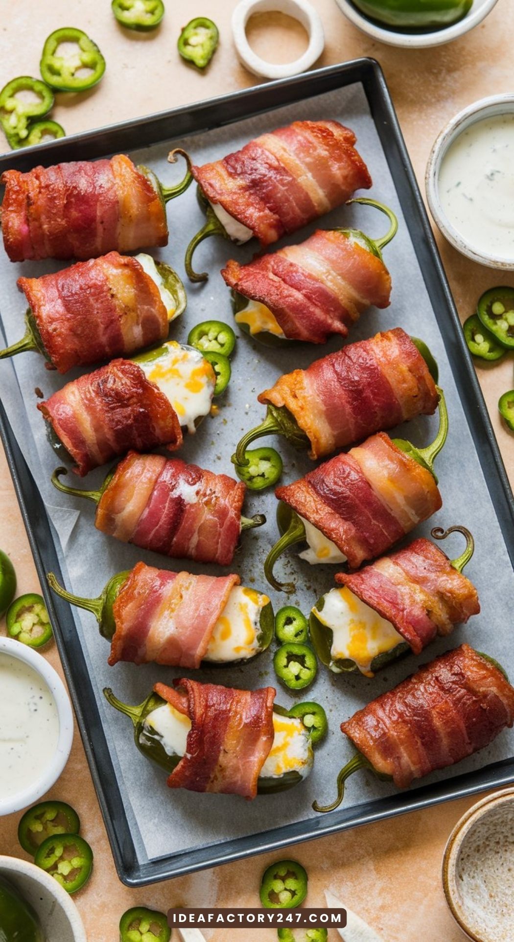 A tray of perfectly golden jalapeño poppers, their bacon wrapping crisp and glistening, with melted cheese bubbling out of the sides. The tray is surrounded by small bowls of ranch dressing and scattered with fresh jalapeño slices.