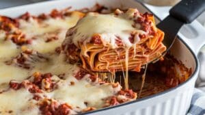 A close-up of a cheesy Lazy Lasagna Casserole being lifted from a white dish, showing tempting layers of pasta, meat sauce, and melted cheese.