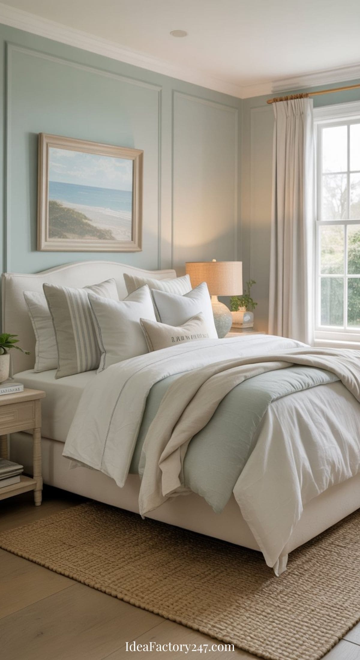 A cozy sage green bedroom with a neatly made bed in white and pastel blue bedding, a bedside table with a lamp and plant, a window with white curtains, and a beach painting on the pale green wall.