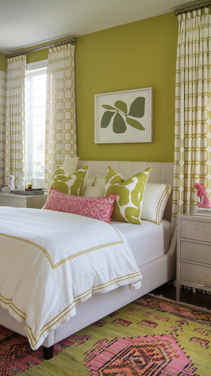 A photo of a bedroom with a bold lime green accent wall. The room has neutral furniture and bedding. There are patterned throw pillows in shades of green, pink, and yellow gold. The walls have white curtains with a subtle geometric lime green pattern. Above the bed is a simple framed abstract botanical print.  The floor is covered with a vintage rug. The overall vibe is vibrant, cheerful, and energetic.