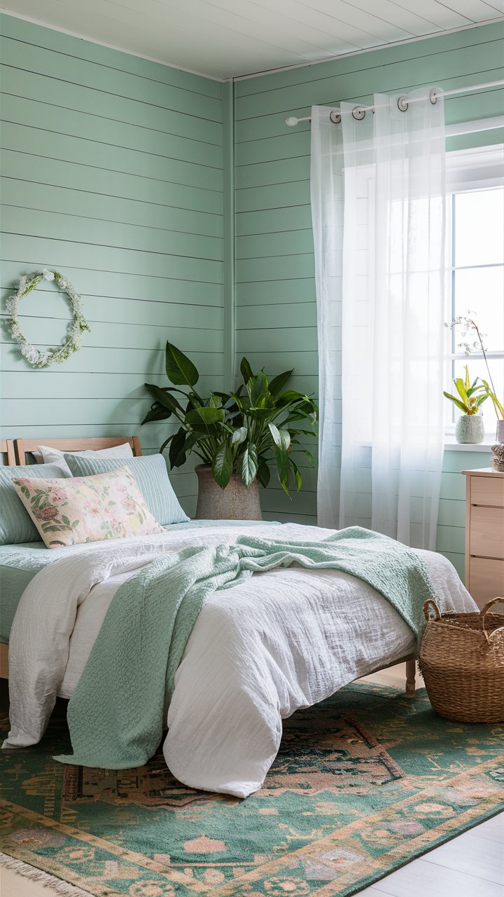 Shiplap walls painted in a muted mint green create a refreshing atmosphere. The bed features white and mint linens, with pastel floral throw pillows. Light wooden furniture and a sheer white curtain finish the airy look. A large potted plant in corner and vintage green rug on floor.  The overall look of this room is a cheerful, but relaxing modern cottage bedroom.