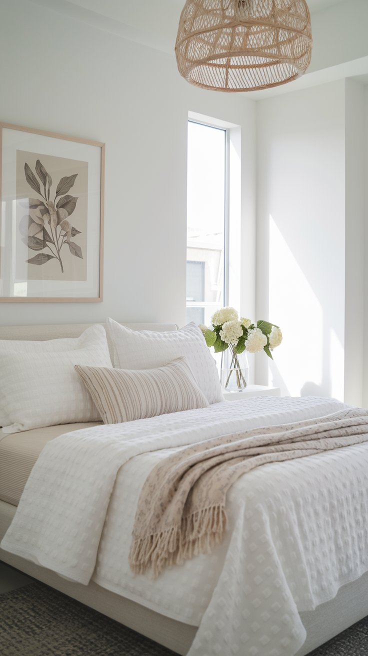 We love the simplicity of this white bedroom. Lots of natural light, modern textured layers on the bed and a subdued botanical art print on the wall. This would make a lovely guest room, don't you think?  

To recreate this look, you'll want to find white bedroom ideas, white bedroom furniture, simple white bedroom ideas, warm white bedroom, Beige And White Bedroom Ideas and look for all white bedroom ideas and design inspiration. We know you can create a space you'll be proud of!