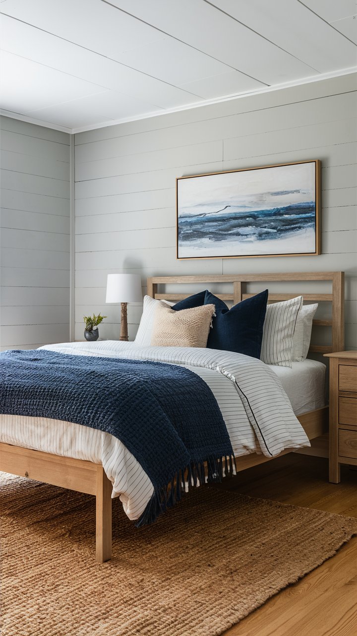 Cozy, relaxing modern farmhouse bedroom in tones of gray and blue.

If you are thinking about a bedroom refresh, this classic modern farmhouse style in blue is the perfect way to create a tranquil retreat.