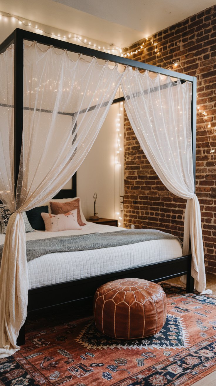 A black canopy bed with gauzy white curtains that drape softly around the frame. A patchwork leather ottoman sits at the foot of the bed, while a Moroccan-style area rug brings warmth to the floor. A string of fairy lights casts a soft glow, accenting the exposed brick wall behind the bed.

Check out our website for more Moto Boho decor ideas for every room in your home.