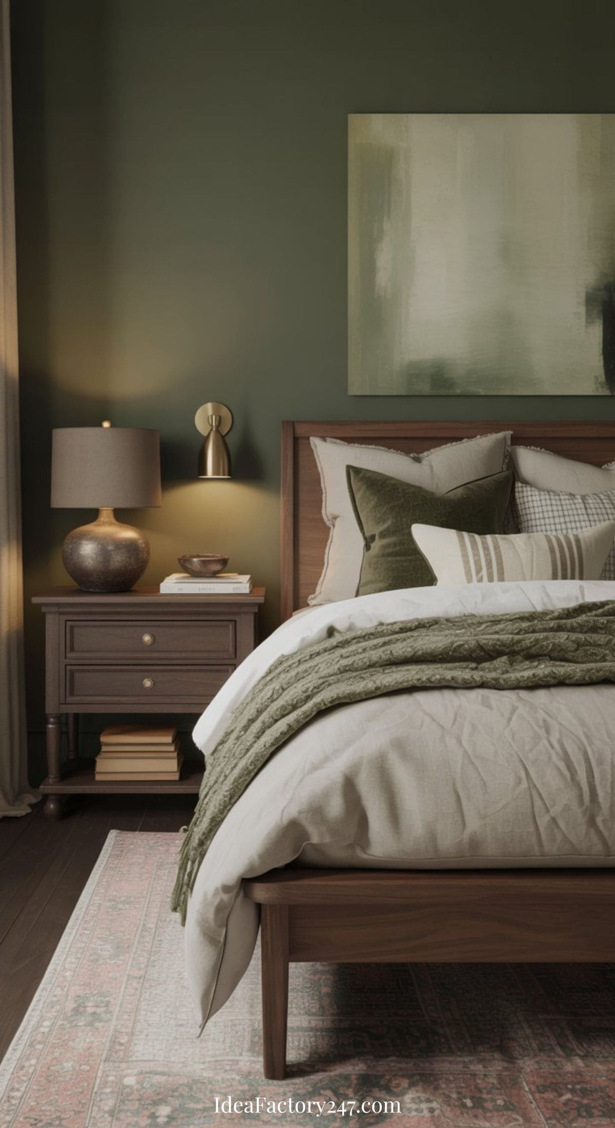 A cozy sage green bedroom featuring a wooden bed with layered cream and green bedding, a matching nightstand with lamp and books, plus a gold wall sconce, all set against a dark green accent wall adorned with abstract art.