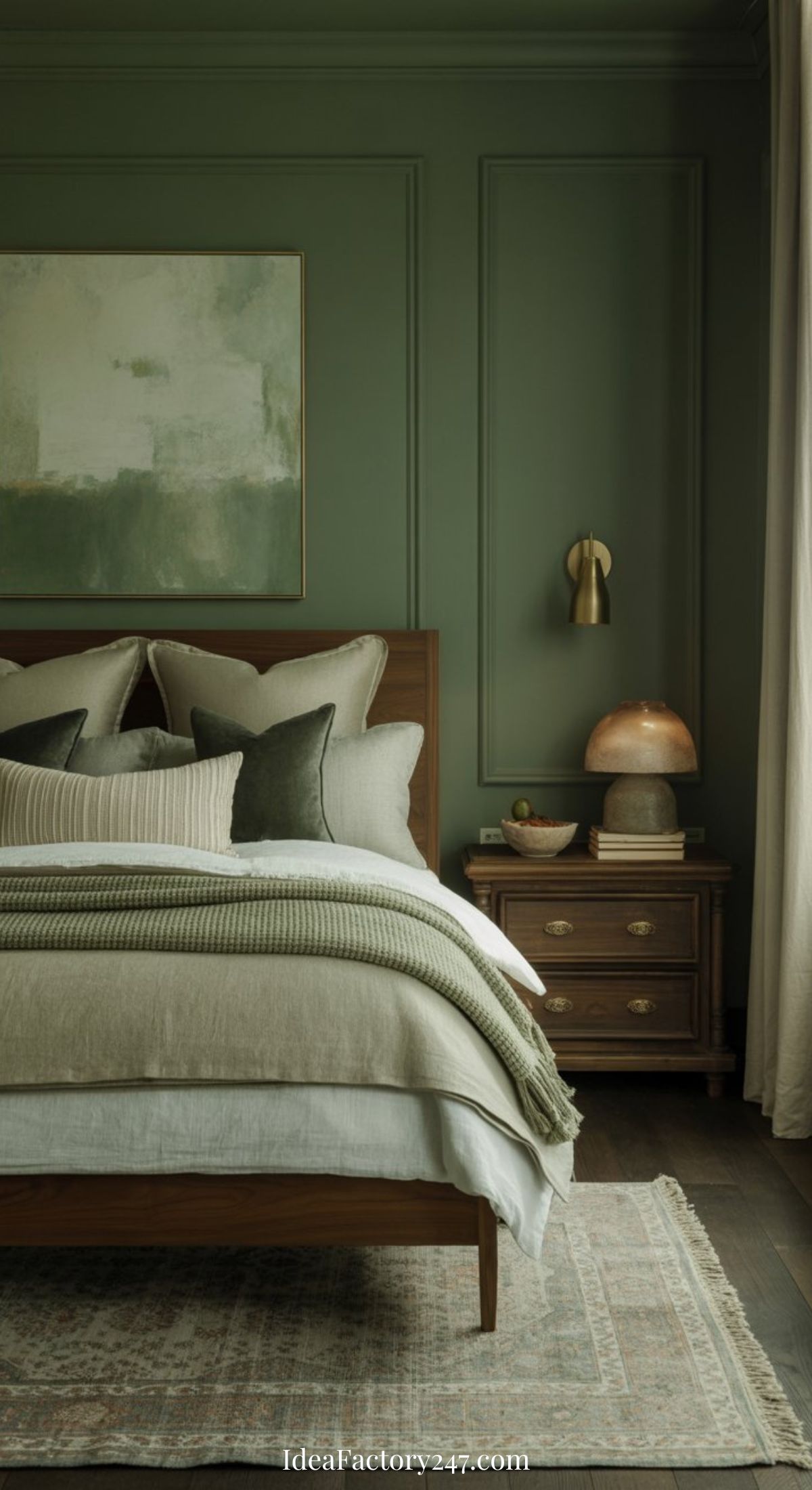 A cozy sage green bedroom with walls in a soothing hue, a wooden bed layered with neutral bedding and matching pillows, a nightstand with a lamp and decor, and a large abstract painting above the bed. Soft natural light filters through a curtain.