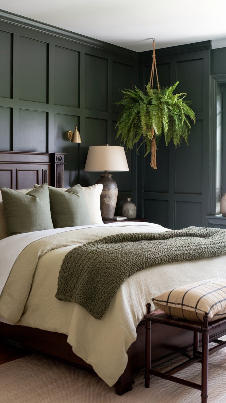 A bedroom with walls painted in a deep moss green, paired with dark wooden furniture. Cream and moss-colored linens adorn the bed, while a cozy knit throw adds texture. A hanging fern in the corner brings a natural touch.