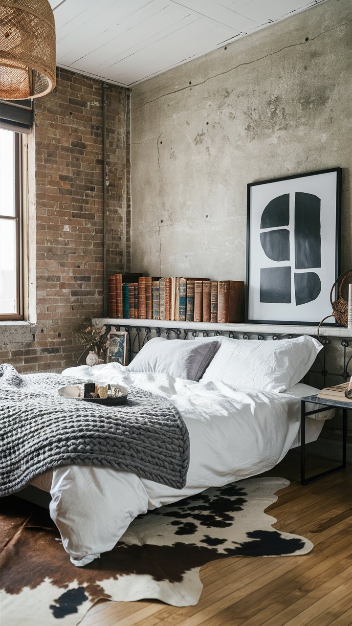 A low-profile bed is dressed in crisp white sheets and topped with a chunky, gray knit blanket. A cowhide rug adds texture underfoot, while a black iron bedframe keeps the vibe grounded. String lights softly illuminate the space, and a collection of vintage leather-bound books sits atop a rustic bedside table. Hanging from the ceiling, a wicker pendant light offers just the right touch of bohemian charm.