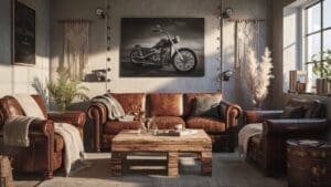 A cozy living room with brown leather sofas, a wooden coffee table, plants, and moto boho decor—wall art of a motorcycle, macramé hangings, and pampas grass add rustic charm as sunlight streams through the window.
