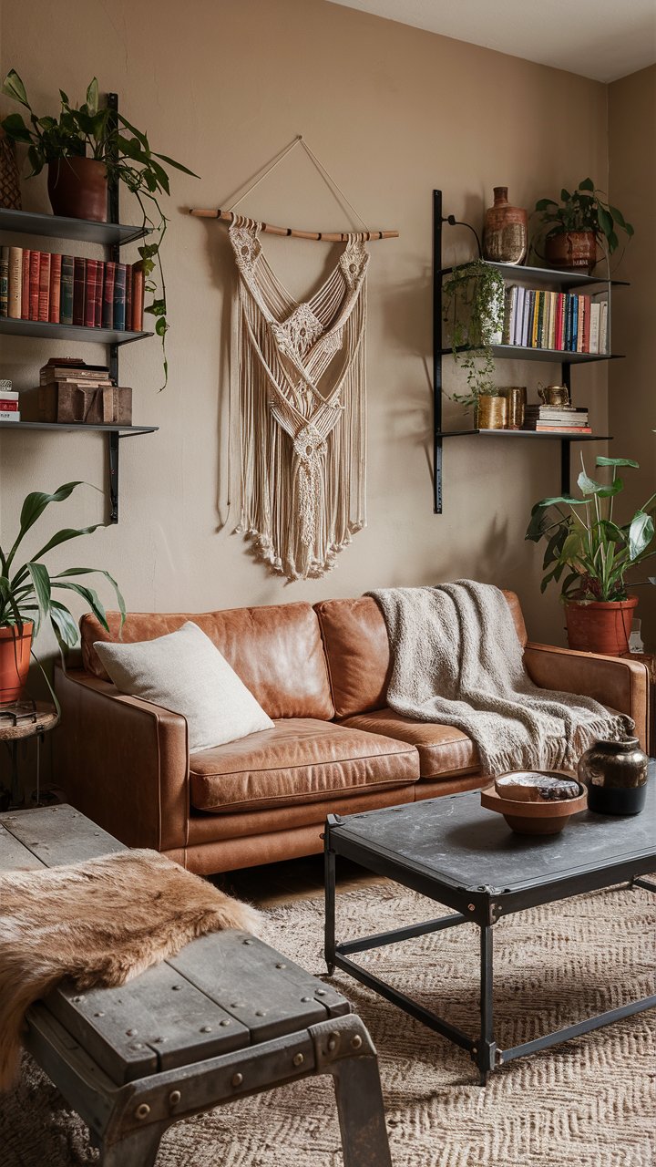 The room is warm and inviting, with earthy tones and soft textures setting the foundation. A leather sofa with a slight patina anchors one corner, while a macramé wall hanging adds a free-spirited touch above it. Industrial-style shelves hold a mix of books and vintage treasures, and a faux fur throw is casually draped over the back of a worn wooden bench. Metal accents, like a black steel coffee table, tie the space together, while potted plants bring in that signature boho greenery.