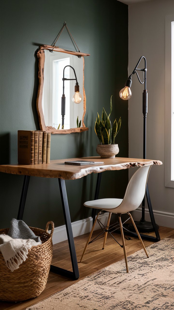 In this moto boho home office, a rustic desk with a live-edge wood surface and black metal legs, set against a dark green wall. An industrial floor lamp with an exposed bulb illuminates the space, while a woven basket on the floor holds extra throws. A potted snake plant and a stack of vintage books complete the look.

For more information about Moto Boho decor and room ideas, stop by our website.