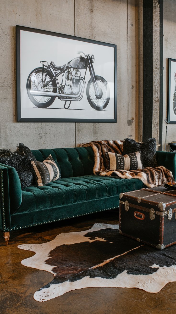 In this example of a moto boho living room, a dramatic, layered look with a dark green velvet sofa and a cowhide rug over polished concrete floors. A motorcycle-themed art print hangs above the sofa, framed in matte black. Fringe-trimmed throw pillows and a faux fur blanket soften the edgy vibe, while a vintage trunk serves as a coffee table.