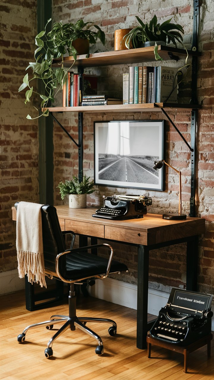 Imagine a sturdy wooden desk paired with a sleek black office chair, set against a backdrop of exposed brick. An industrial shelf above holds plants, books, and a framed print of an open road. A vintage typewriter sits off to the side, while a fringed throw draped over the chair keeps things comfy.

For more Moto Boho decor ideas, check out our website. We have Moto Boto bedrooms, home offices, living rooms and tips for how to refrresh your space with the Moto trend.