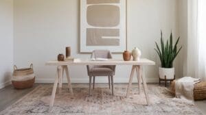 A minimalist space inspired by neutral home office ideas features a light wooden desk, beige chair, potted plant, woven basket, abstract art, and a patterned rug—all in a bright, airy room with calming decor.