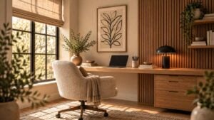 A home office featuring neutral home office ideas, with a wooden desk, a swivel chair, and a laptop in front of a window and a slatted wood wall.